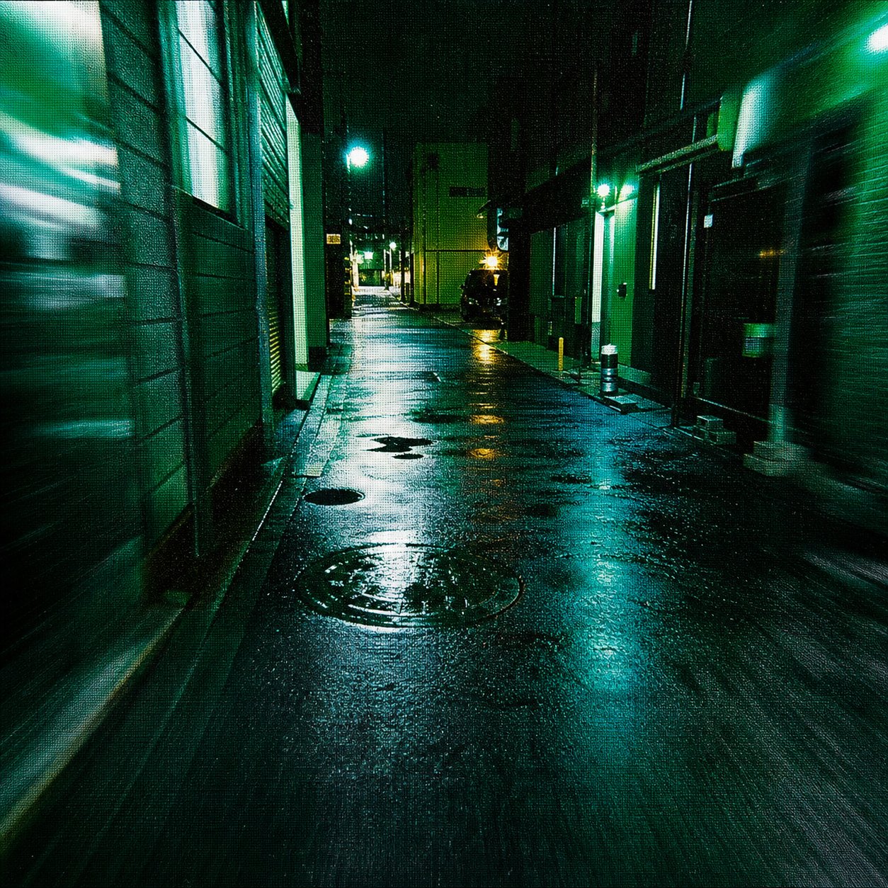Album artwork concept — night city in flash, green-cyan.