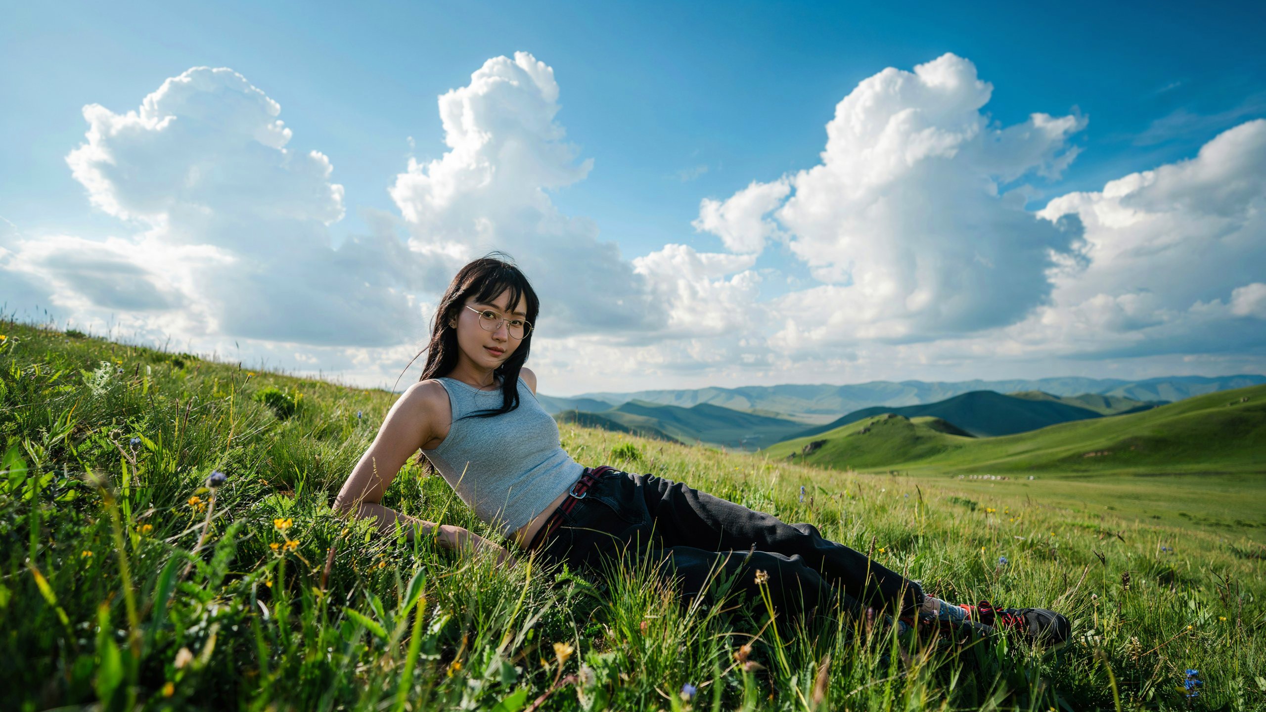 Green hills under towering clouds; someone lying back in the wildflower grass, completely at ease.