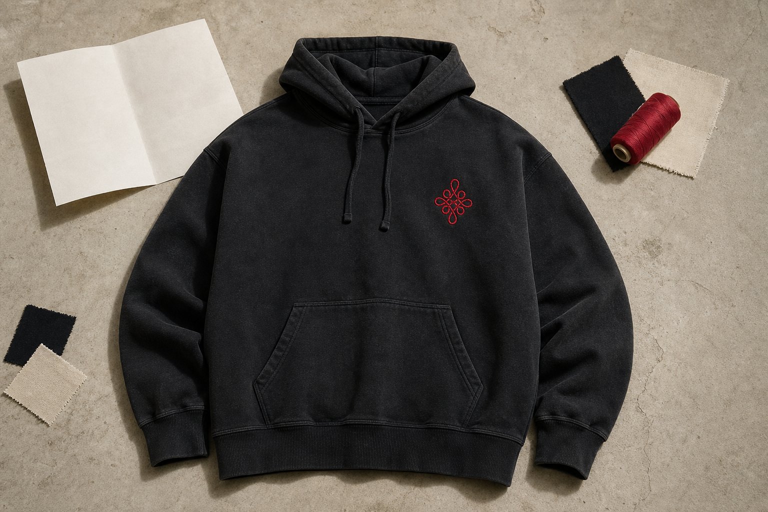 Washed-black heavyweight hoodie with a small crimson knot embroidery, laid on concrete with production artifacts.