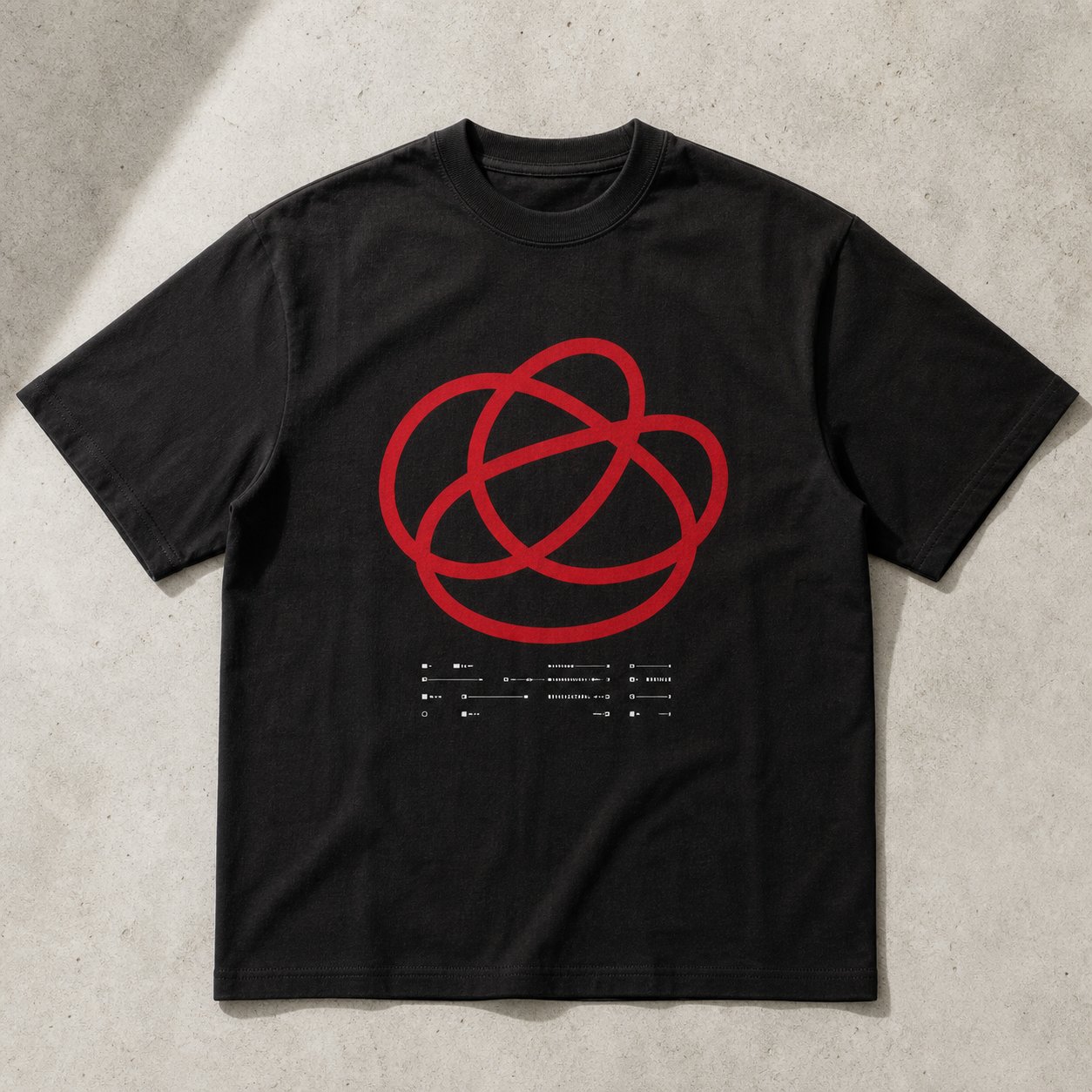 Black tee with a crimson single-line knot print, shot from above.